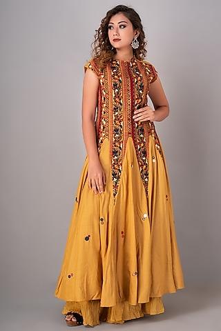 yellow hand embroidered anarkali set