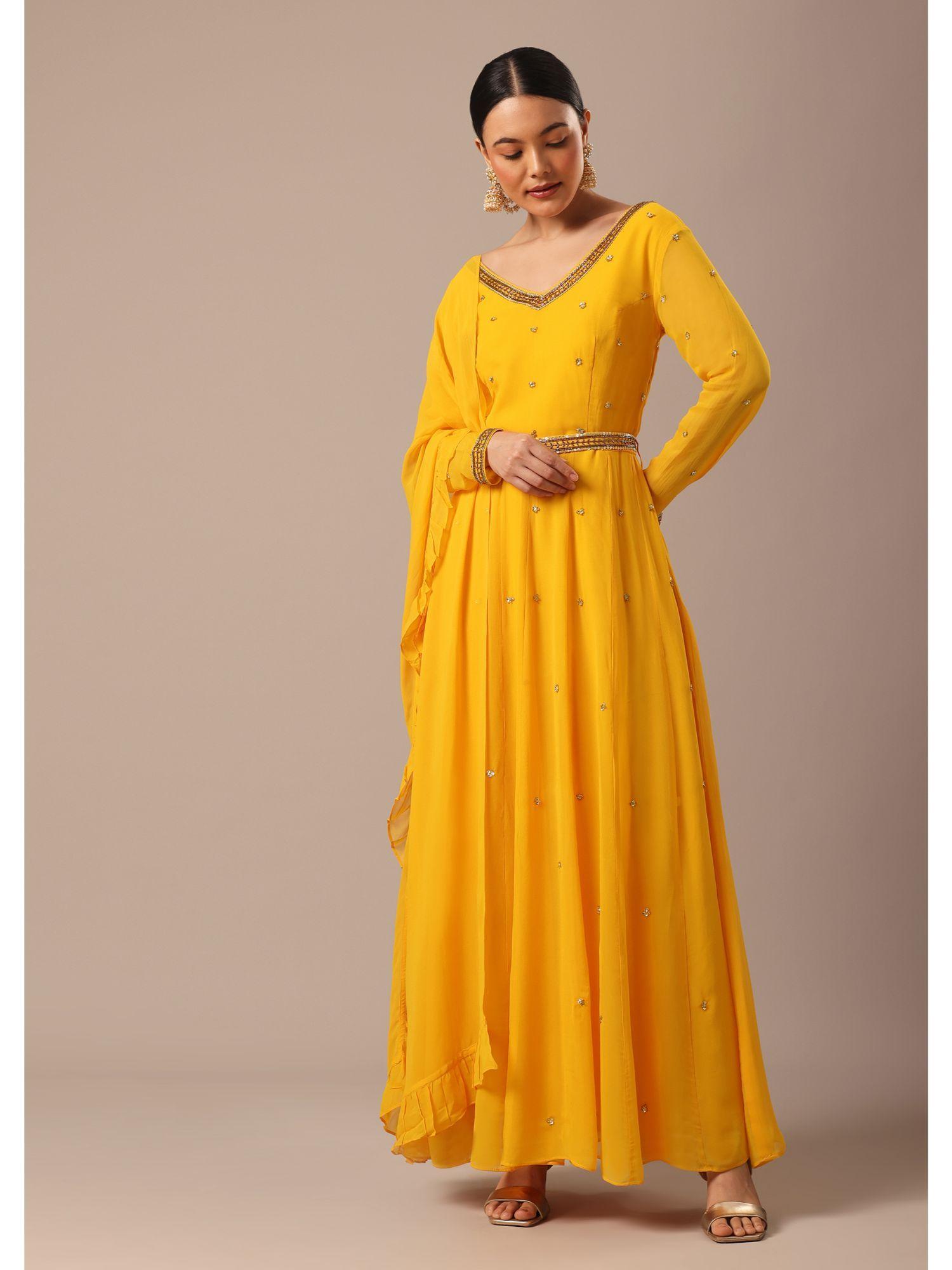 yellow hand embroidered anarkali with belt pant & frill dupatta (set of 4)
