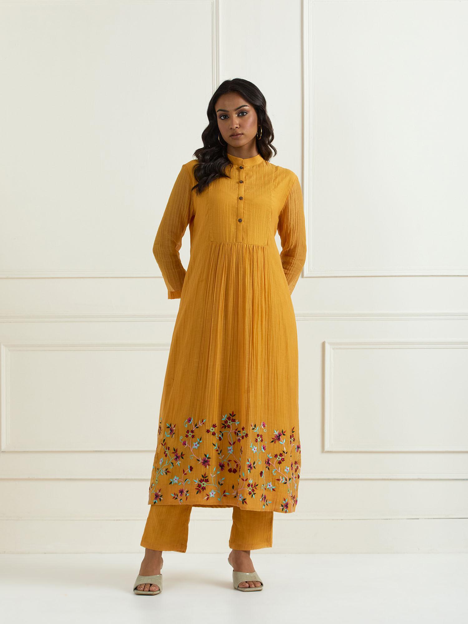 yellow hand embroidered chanderi kurta with pants (set of 2)