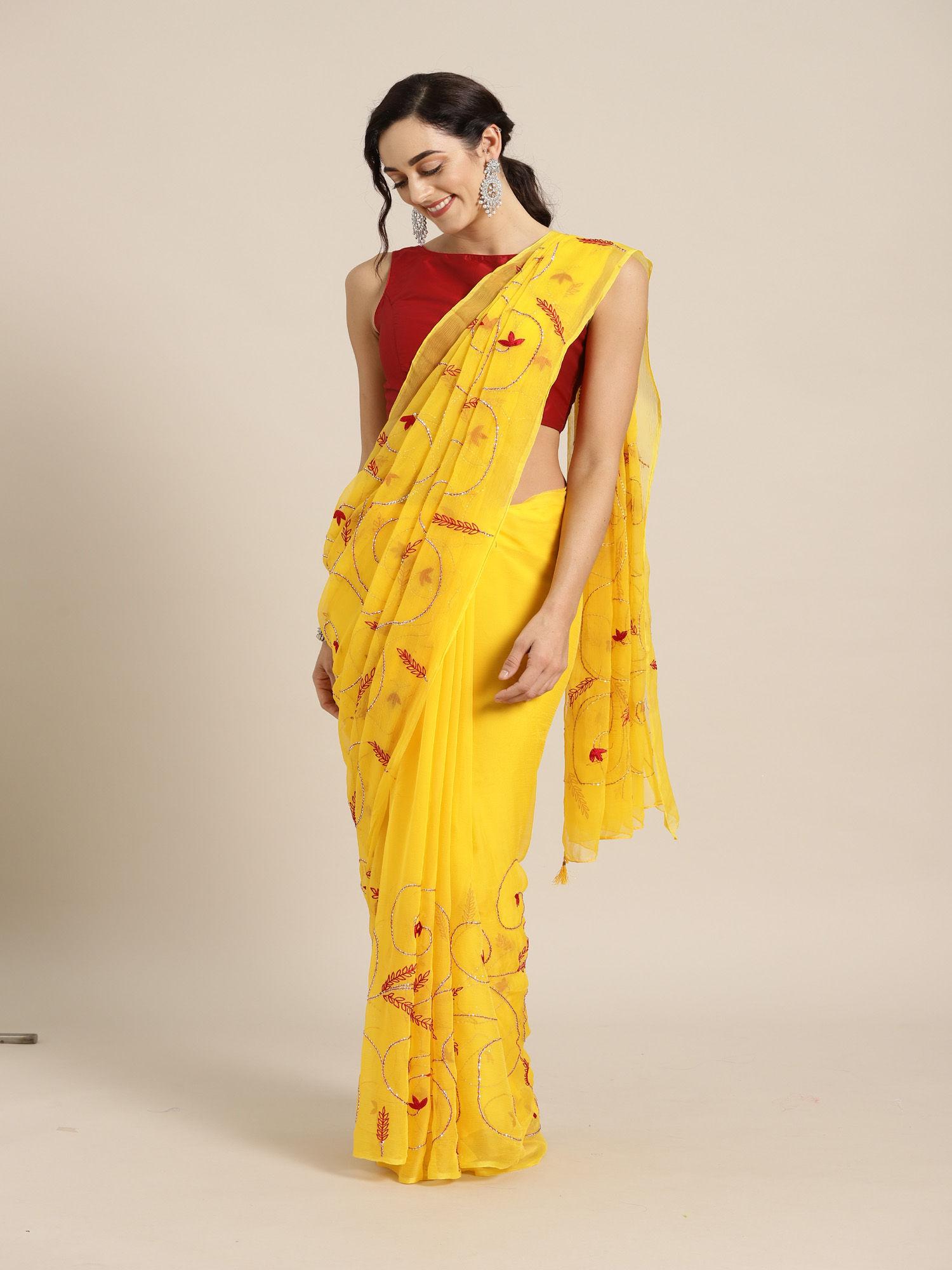 yellow hand embroidered chiffon saree