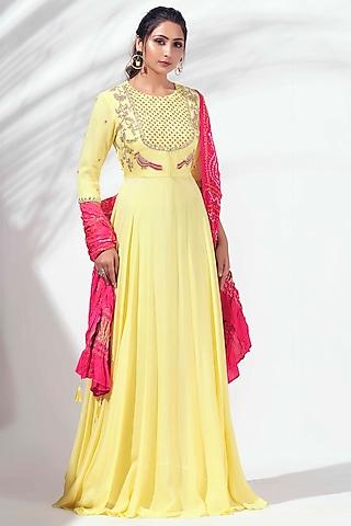 yellow hand embroidered flared anarkali set