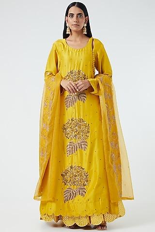 yellow hand embroidered gharara set