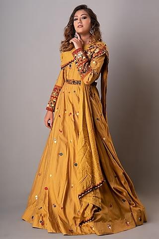 yellow hand embroidered gown with belt
