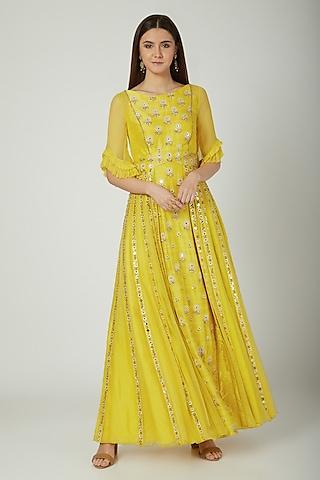 yellow hand embroidered gown with overskirt