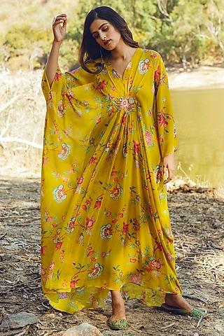 yellow hand embroidered kaftan