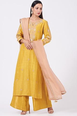 yellow hand embroidered kurta set