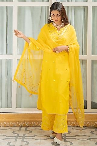 yellow hand embroidered kurta set