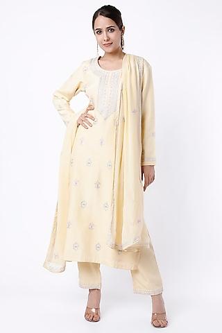 yellow hand embroidered kurta set