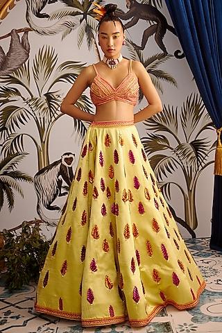 yellow hand embroidered lehenga set