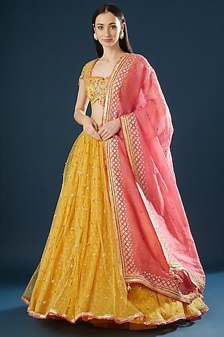 yellow hand embroidered lehenga set