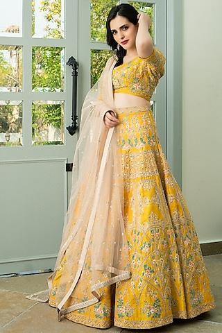 yellow hand embroidered lehenga set