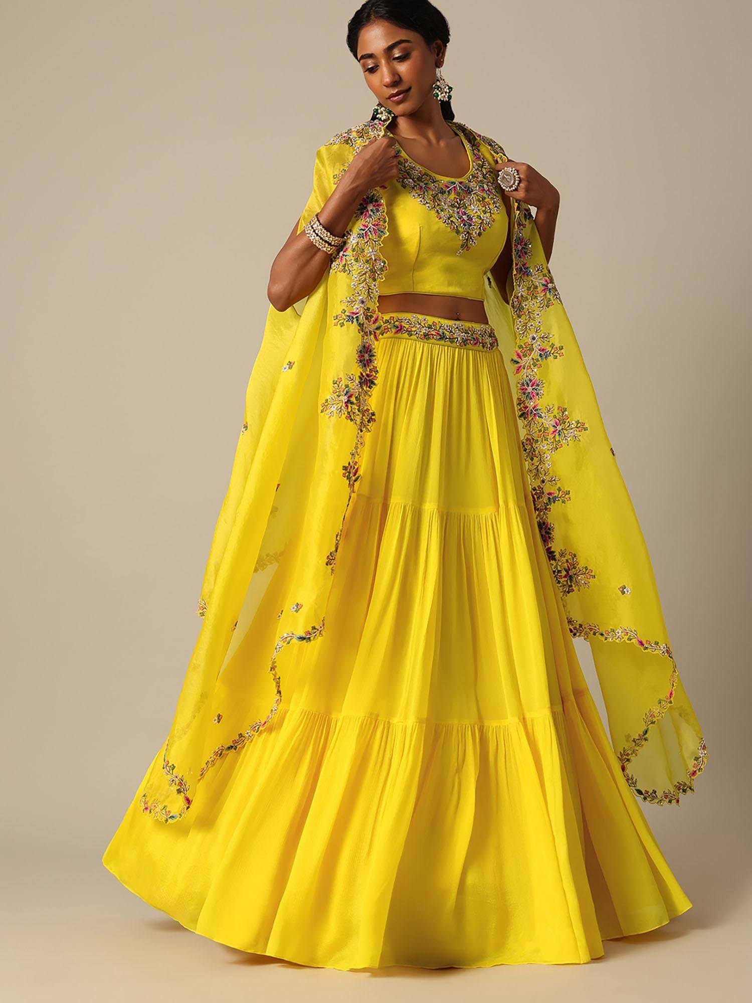 yellow hand embroidered long jacket and lehenga with choli (set of 3)