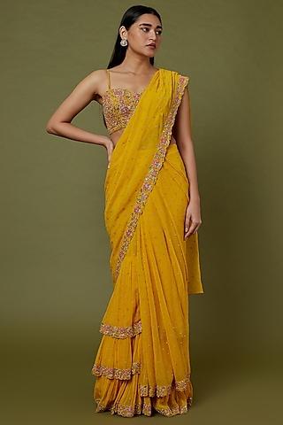 yellow hand embroidered saree set