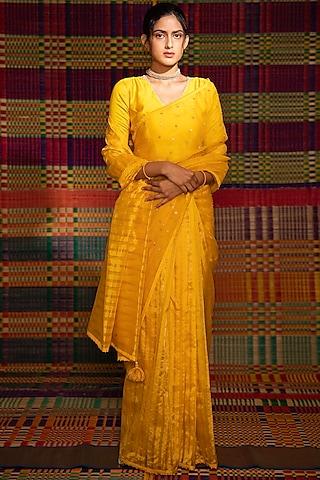 yellow hand embroidered saree set