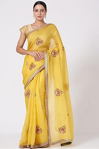yellow hand embroidered saree set