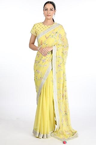 yellow hand embroidered saree set