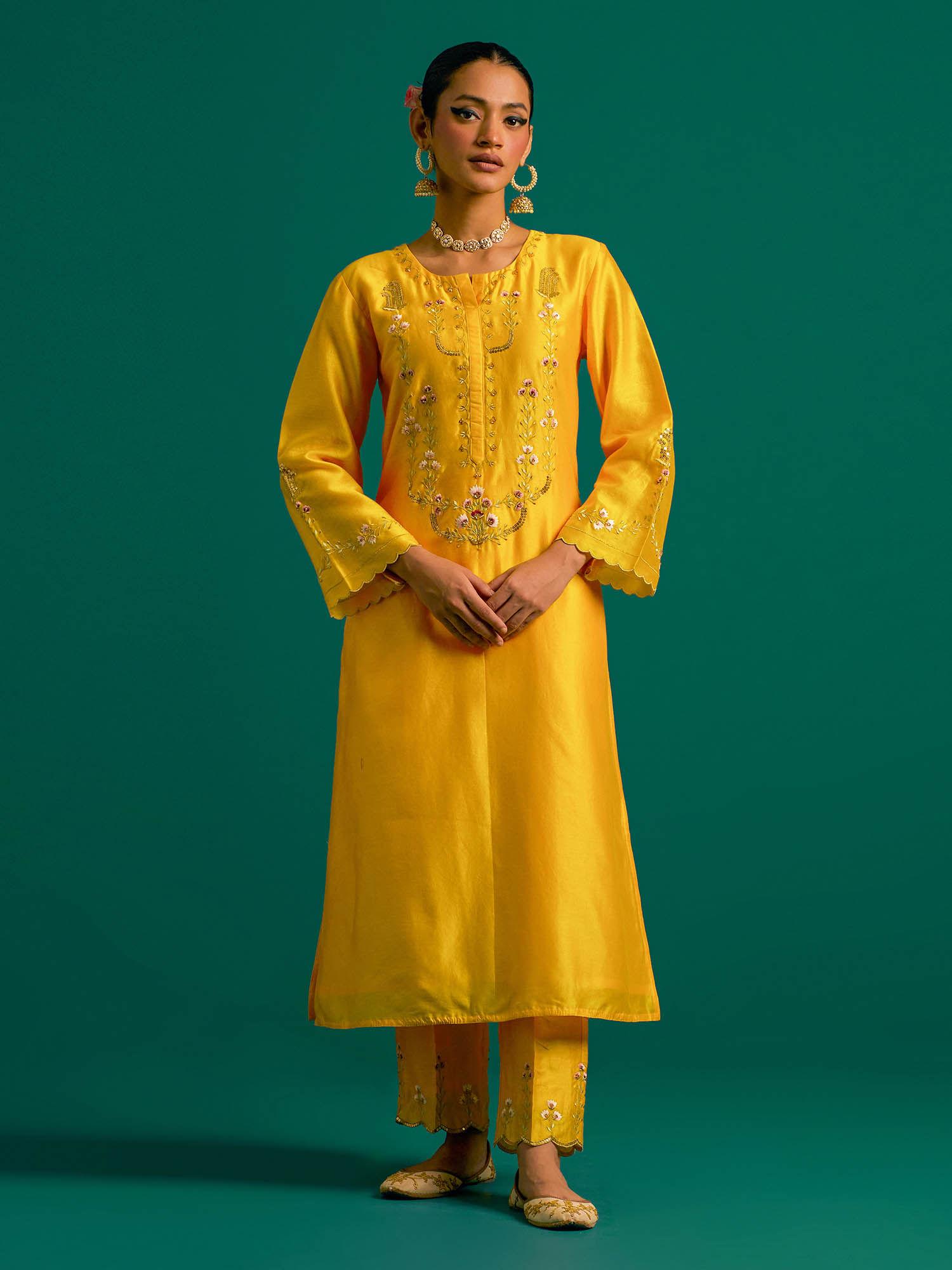 yellow hand embroidered thread work silk chanderi kurta