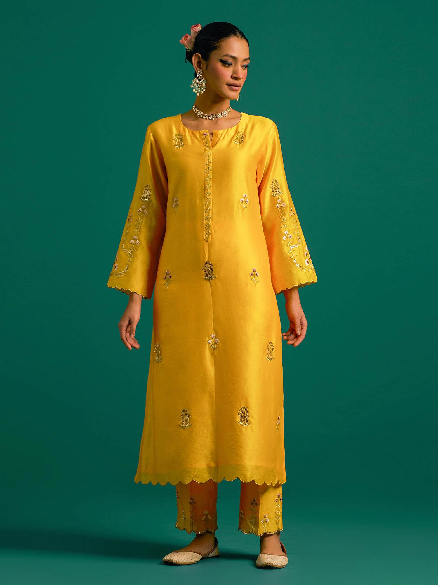 yellow hand embroidered thread work silk chanderi kurta