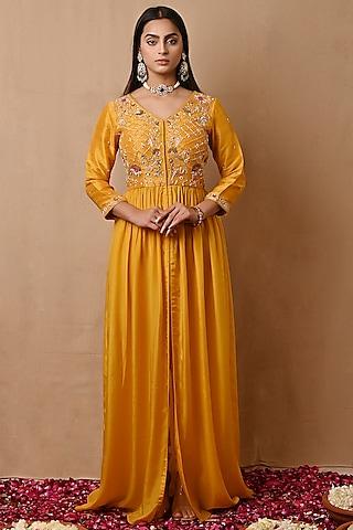 yellow hand embroidered tunic set