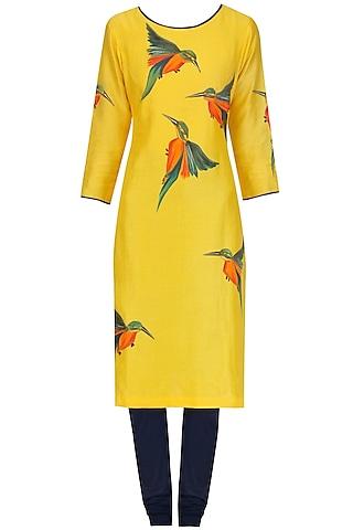 yellow hand paint motif kurta and churidaar set