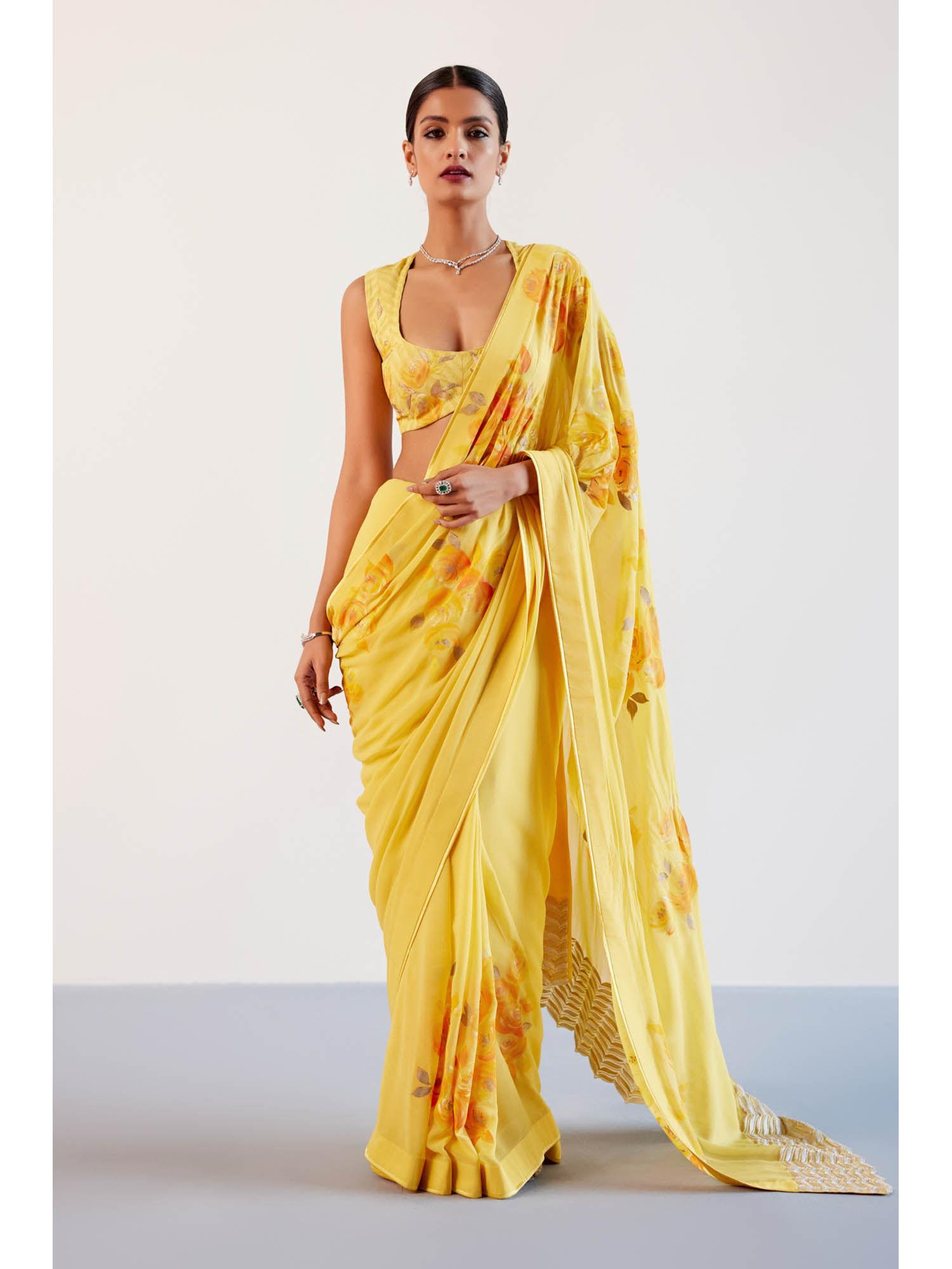 yellow hand painted embroidered saree with stitched blouse