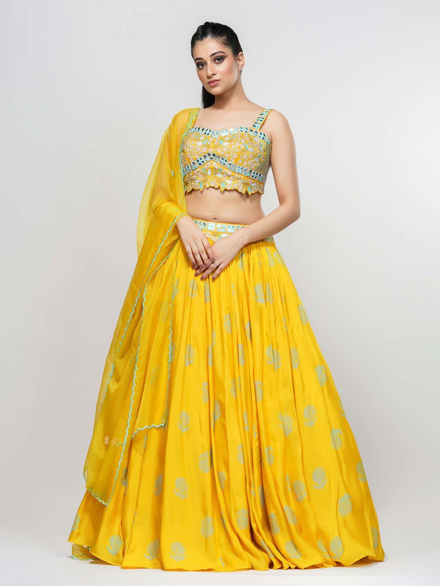 yellow hand painted mirror work lehenga (set of 3)