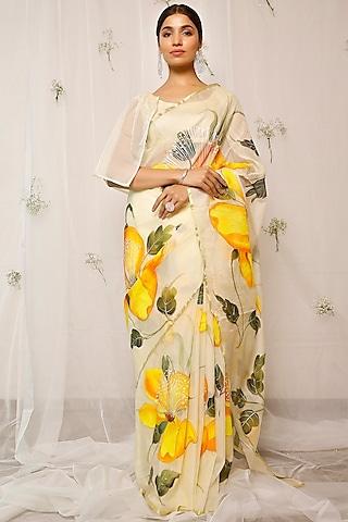 yellow hand-painted saree set