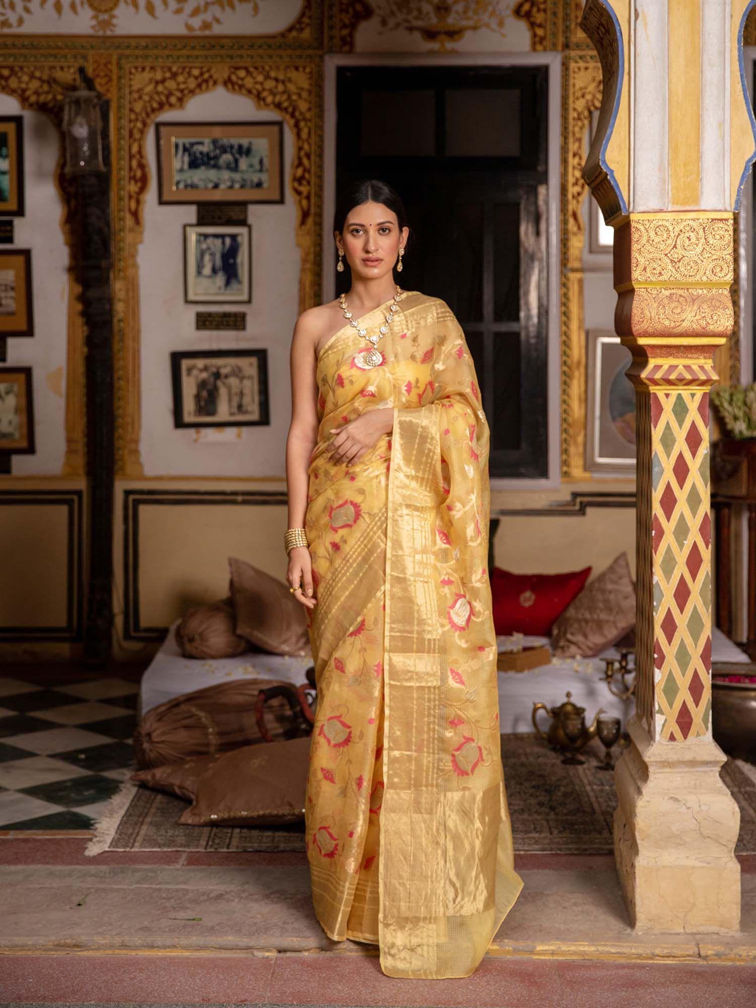 yellow hand woven pure kota silk saree