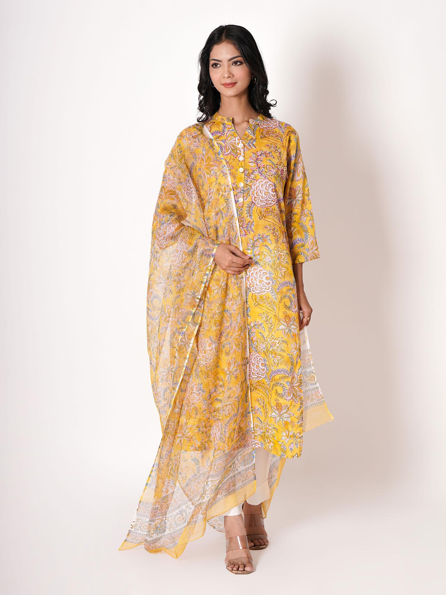 yellow handblock print cotton kurta with pant and dupatta (set of 3)