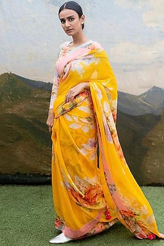yellow handcrafted printed saree