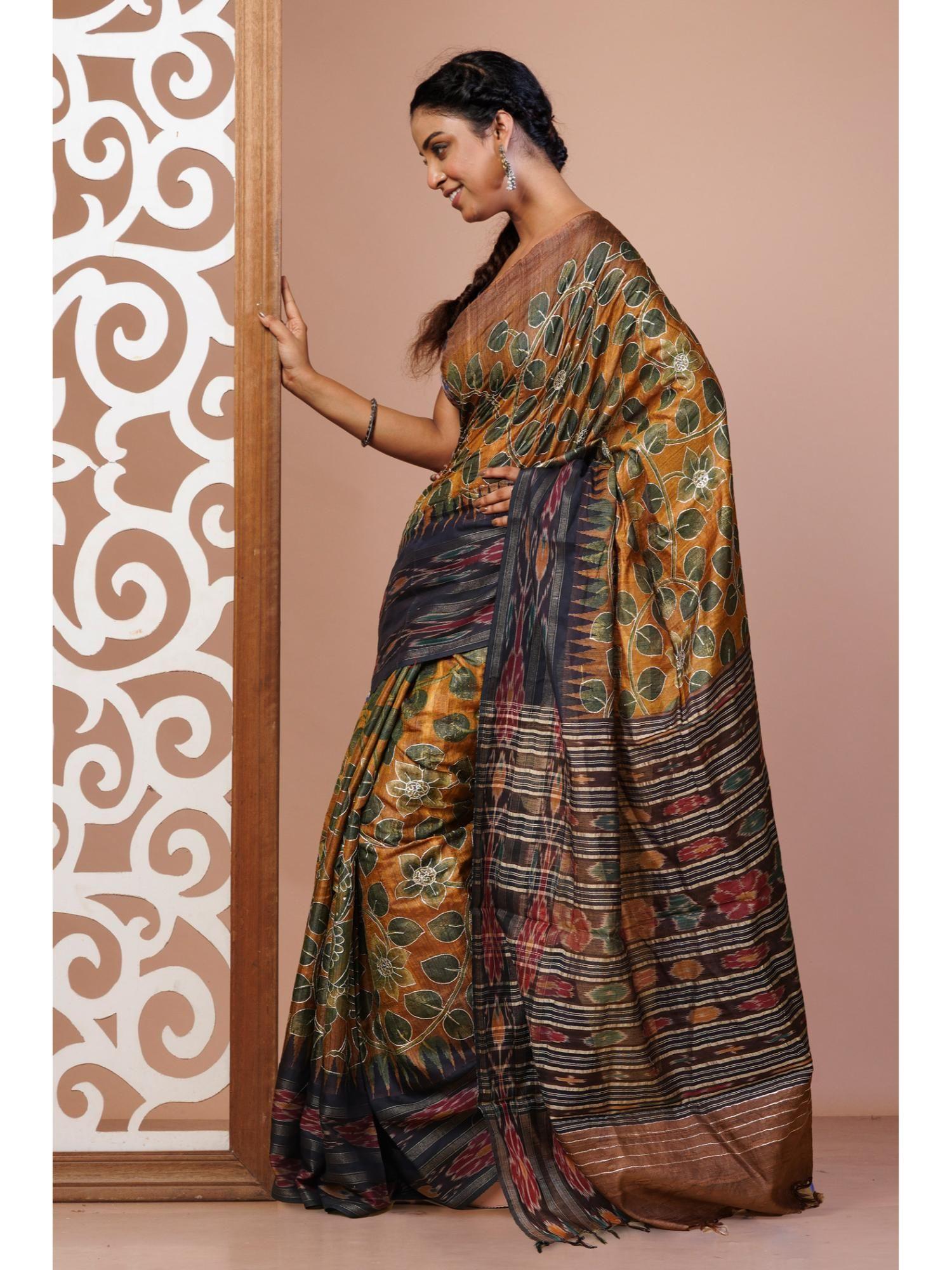 yellow handloom block printed embroidery vidarbha silk saree with unstitched blouse