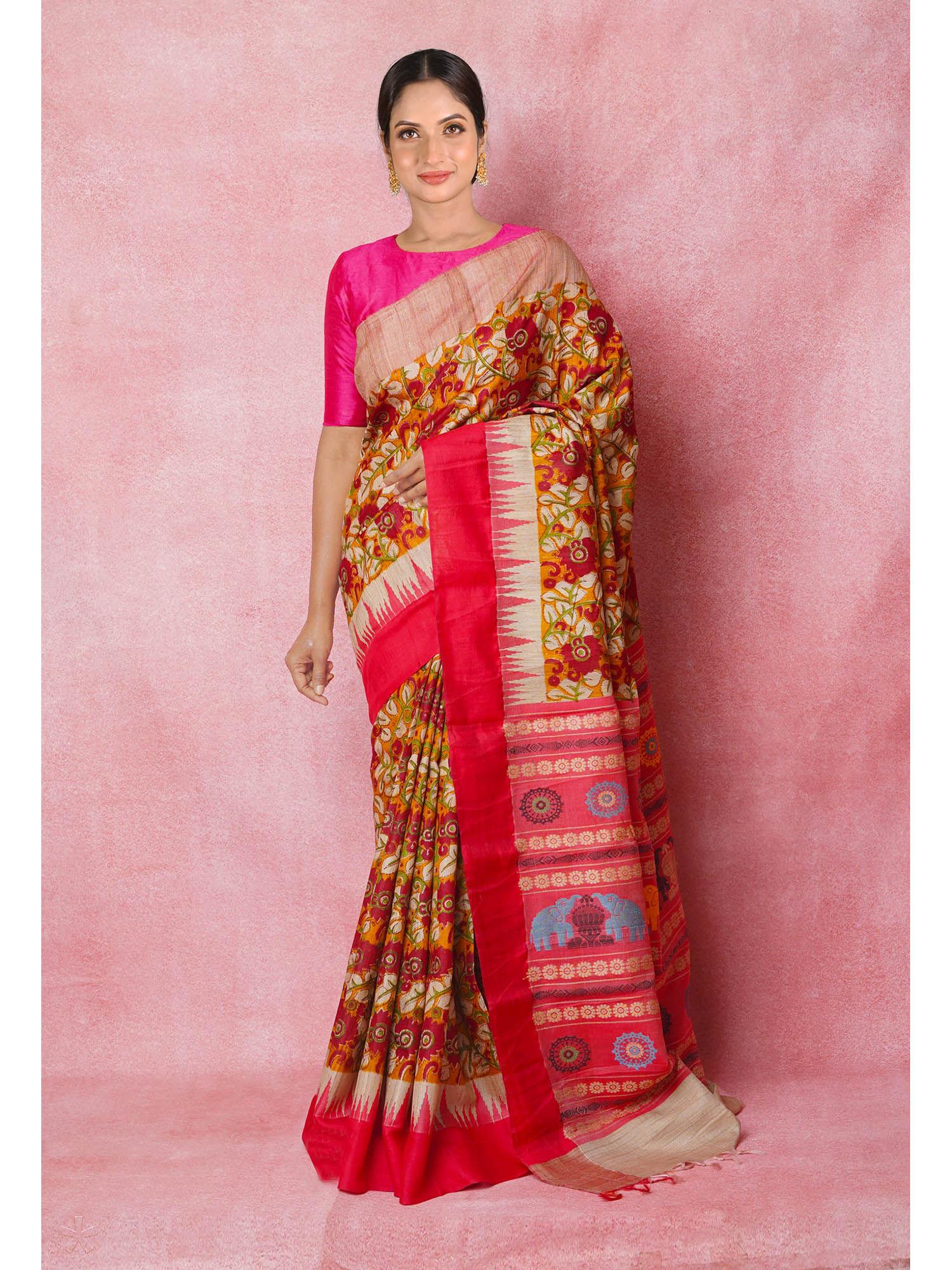 yellow handloom hand block printed vidarbha tussar silk saree with unstitched blouse