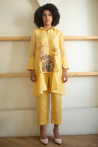 yellow handloom linen silk tunic set