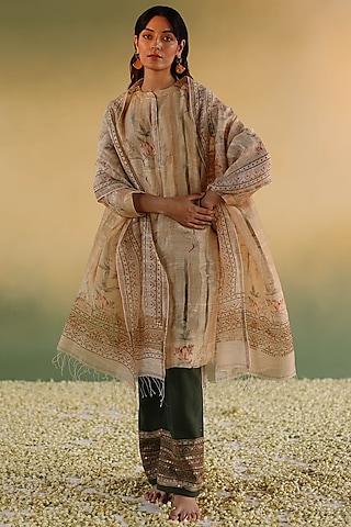 yellow handloom pure linen silk kurta set