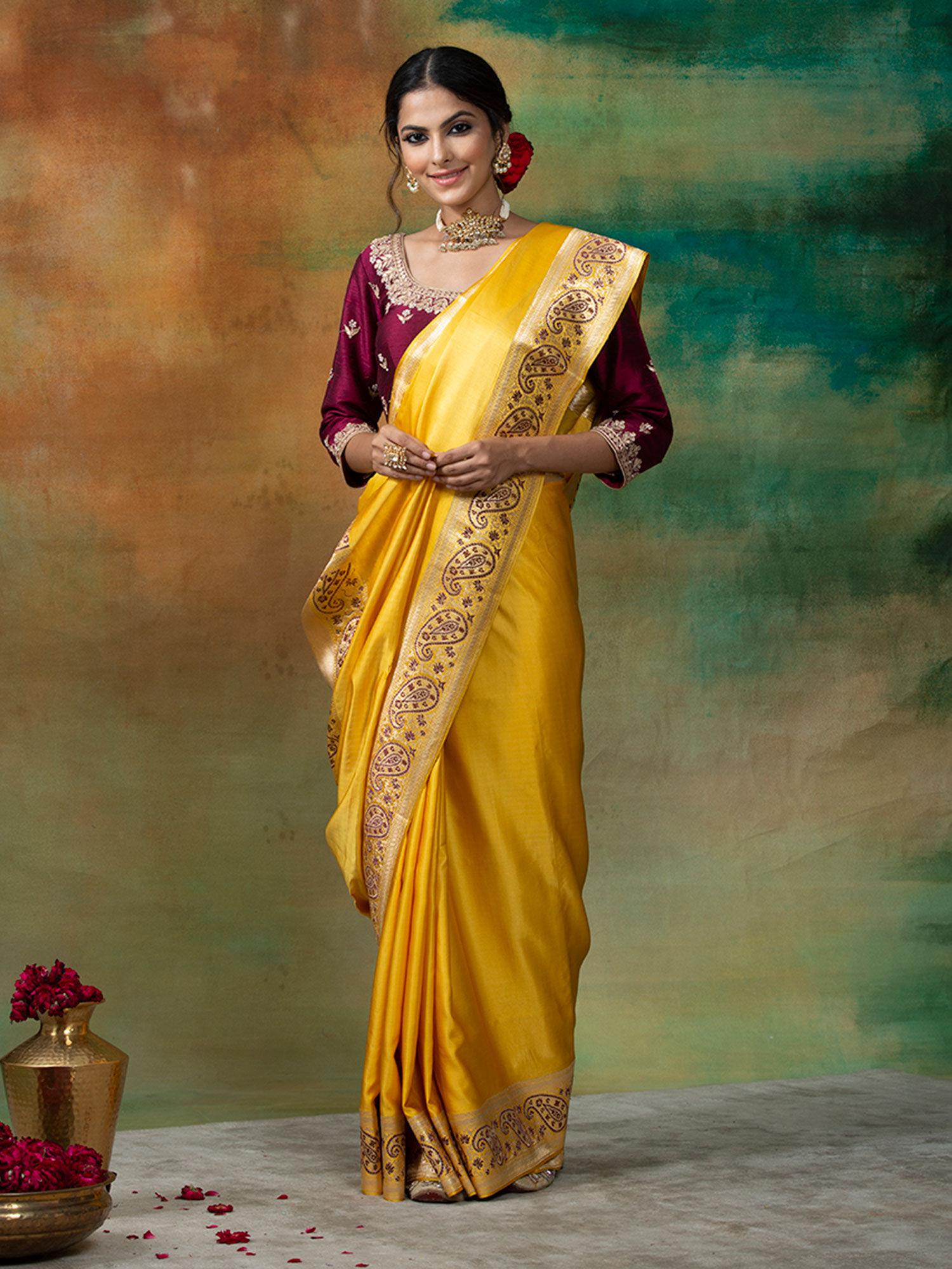 yellow handloom pure satin banarasi saree with jamawar border