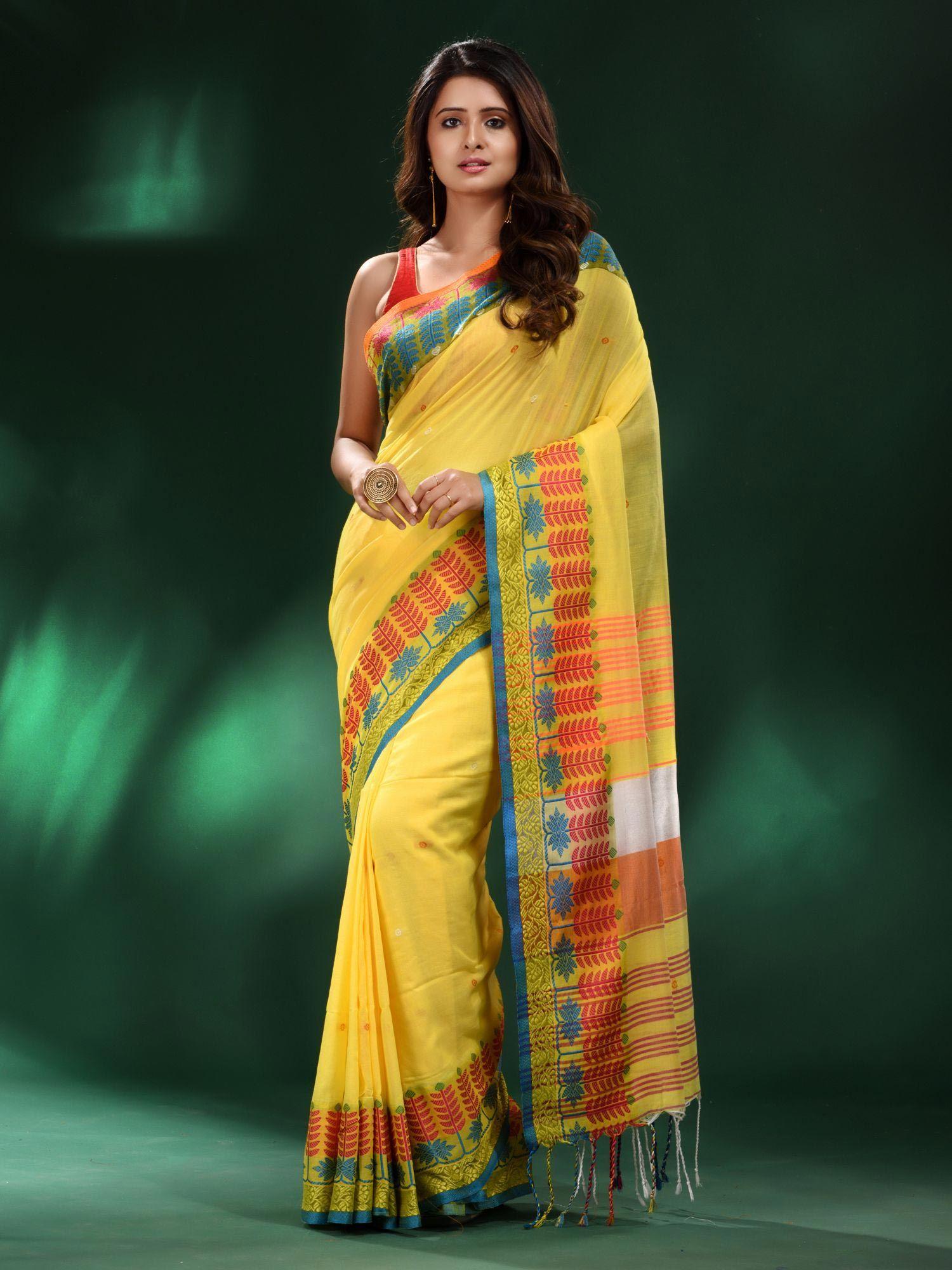 yellow handspun cotton soft saree with unstitched blouse