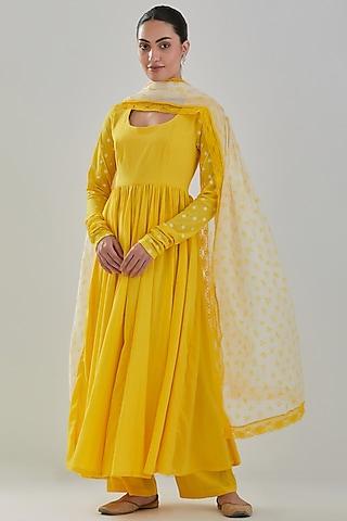 yellow handwoven chanderi anarkali set