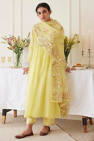 yellow handwoven chanderi dabka embroidered kurta set