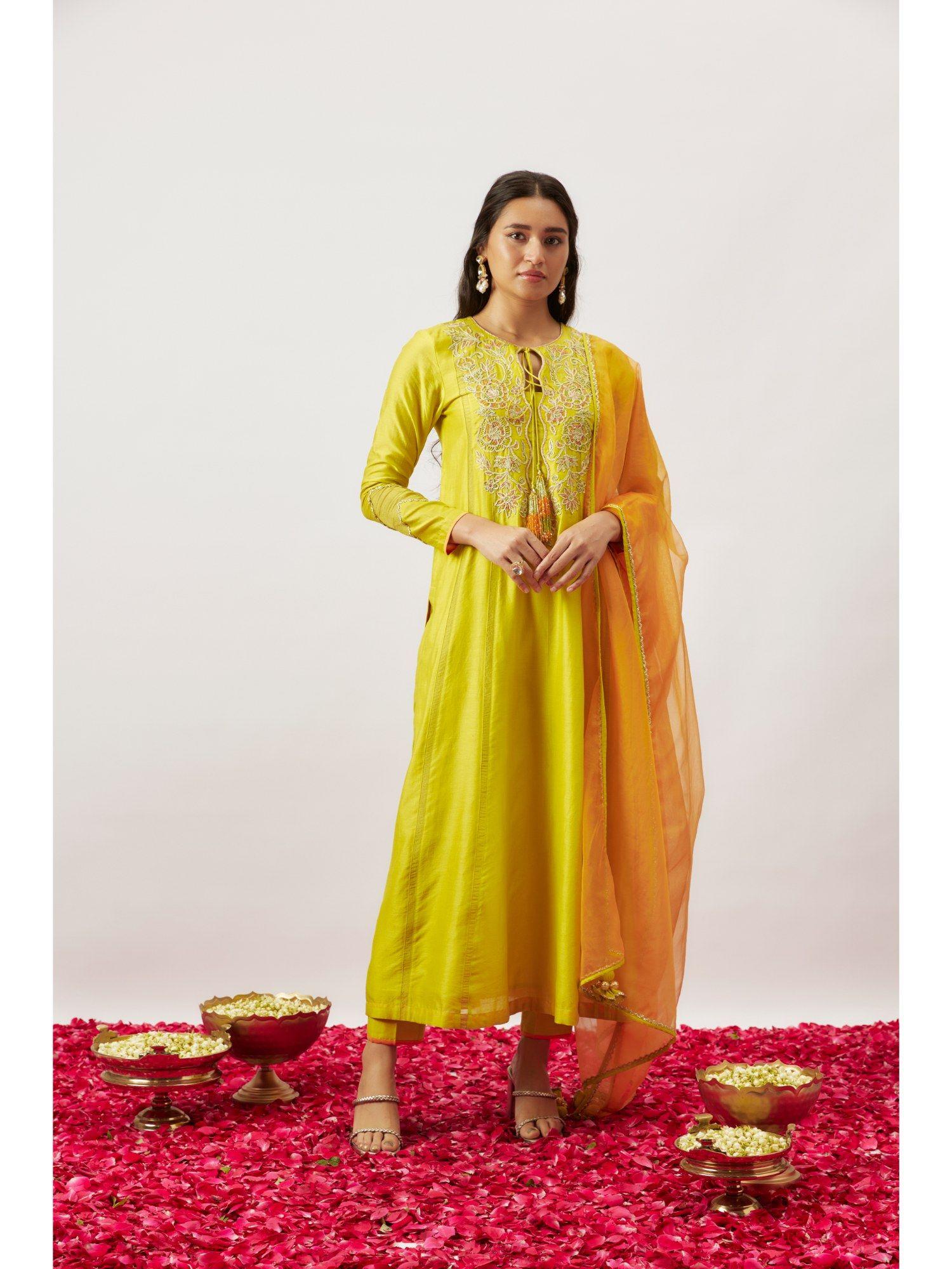 yellow handwoven kurta with pant and dupatta (set of 3)