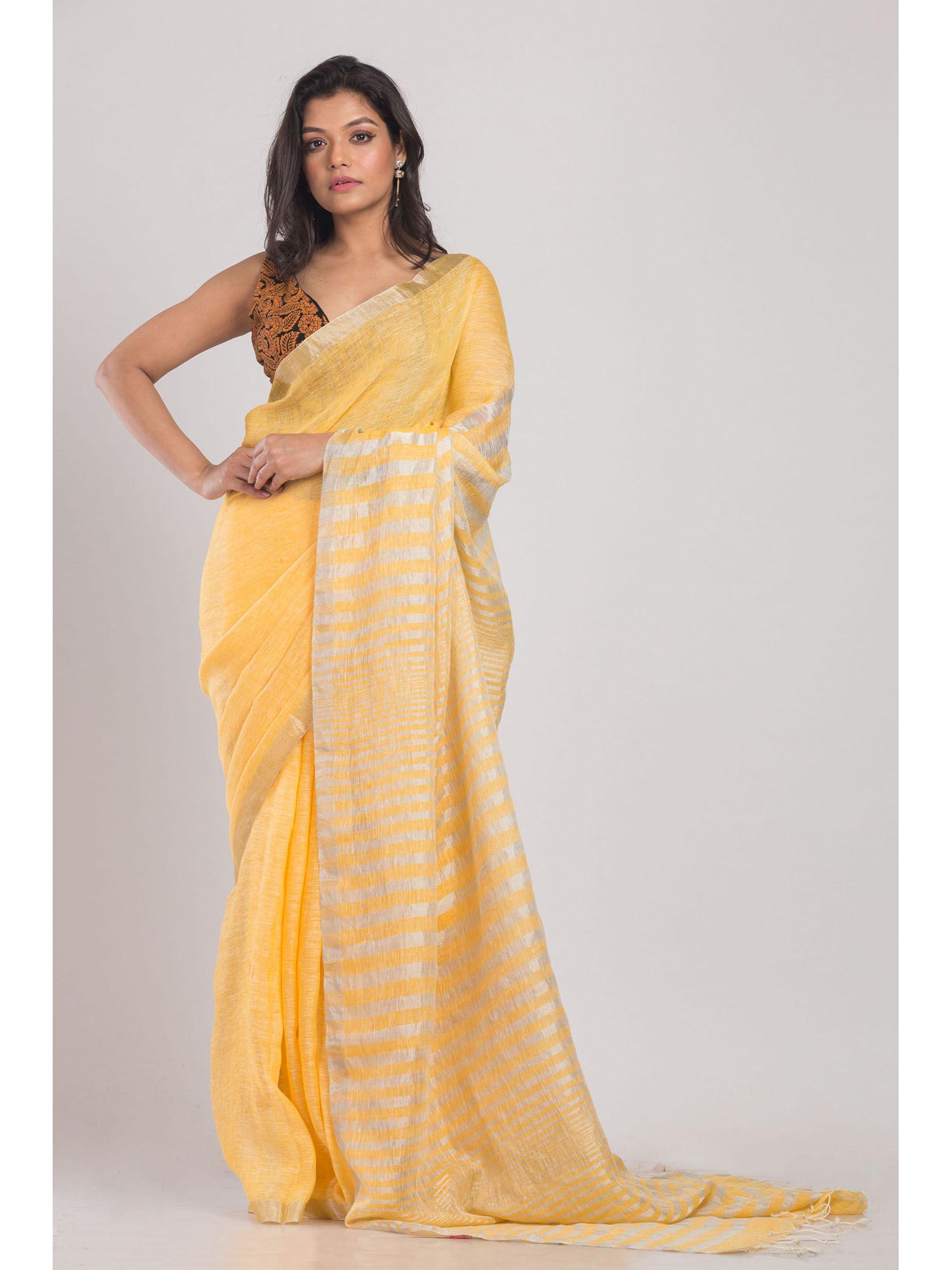 yellow handwoven linen saree with unstitched blouse