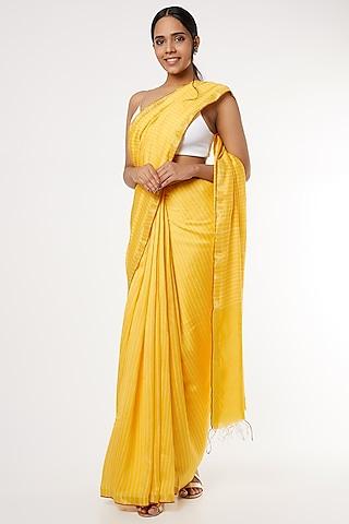 yellow handwoven striped saree with attached blouse