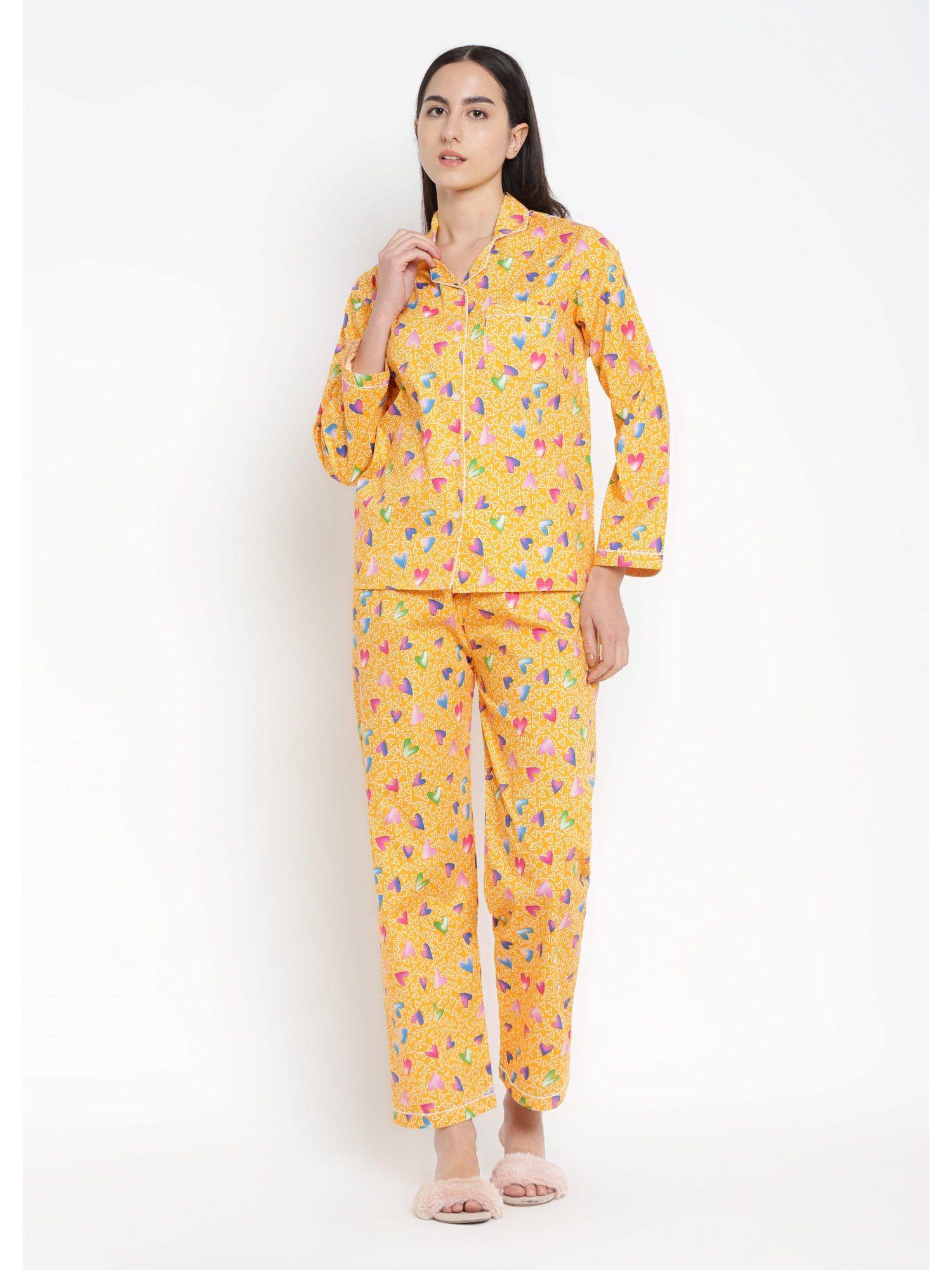 yellow hearts long sleeve womens night suit (set of 2)