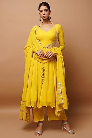 yellow heavy georgette embroidered anarkali set