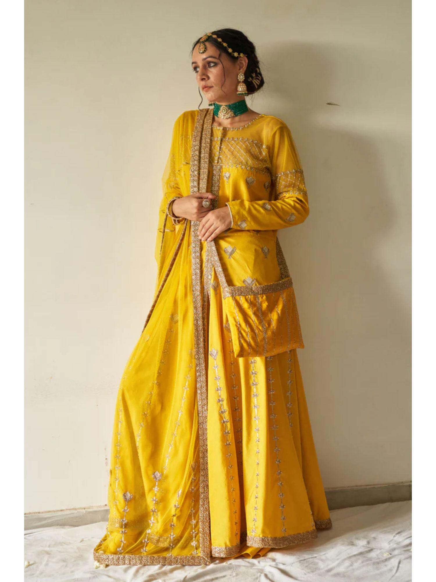 yellow heavy jacket with skirt and dupatta (set of 3)