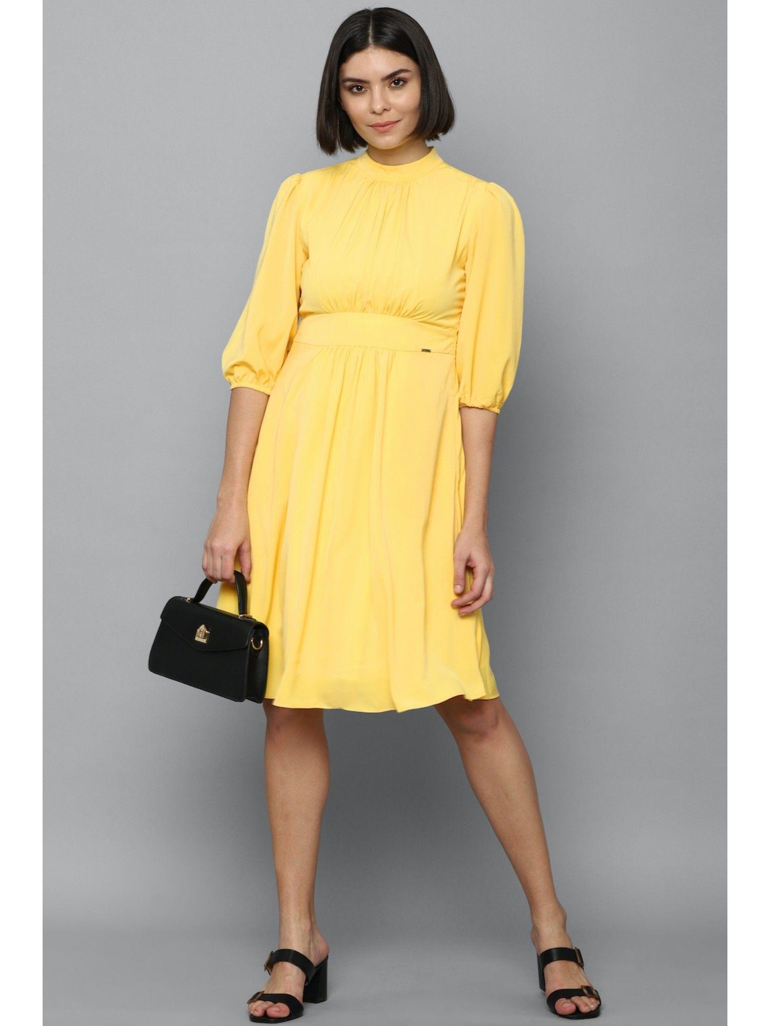 yellow high neck solid-plain dresses