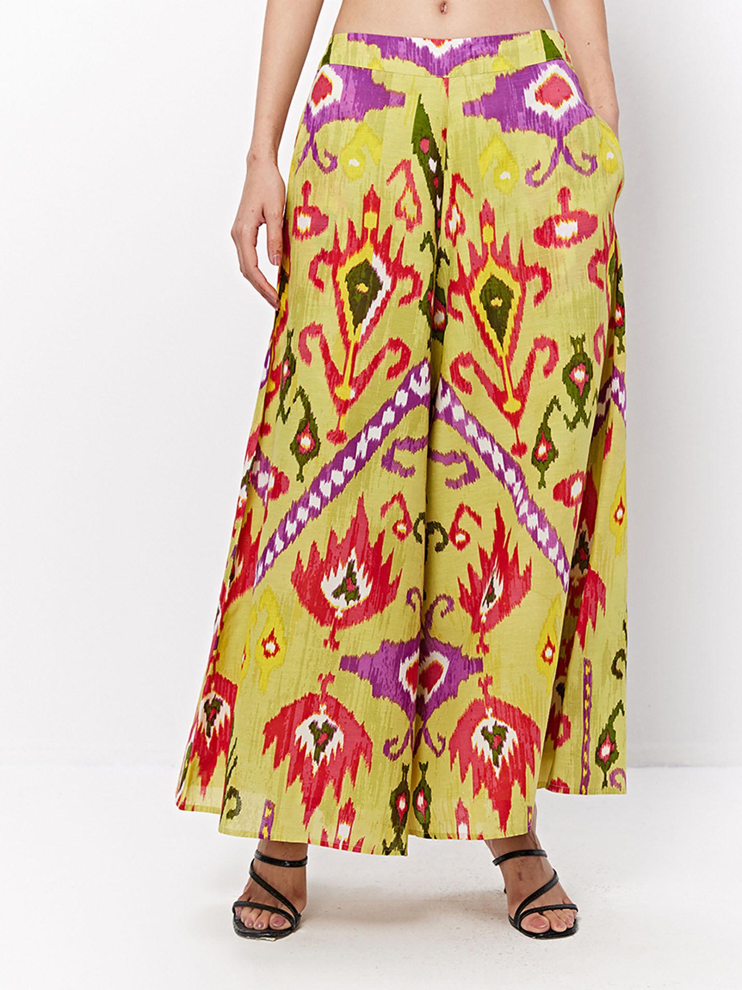 yellow ikat print flared palazzo