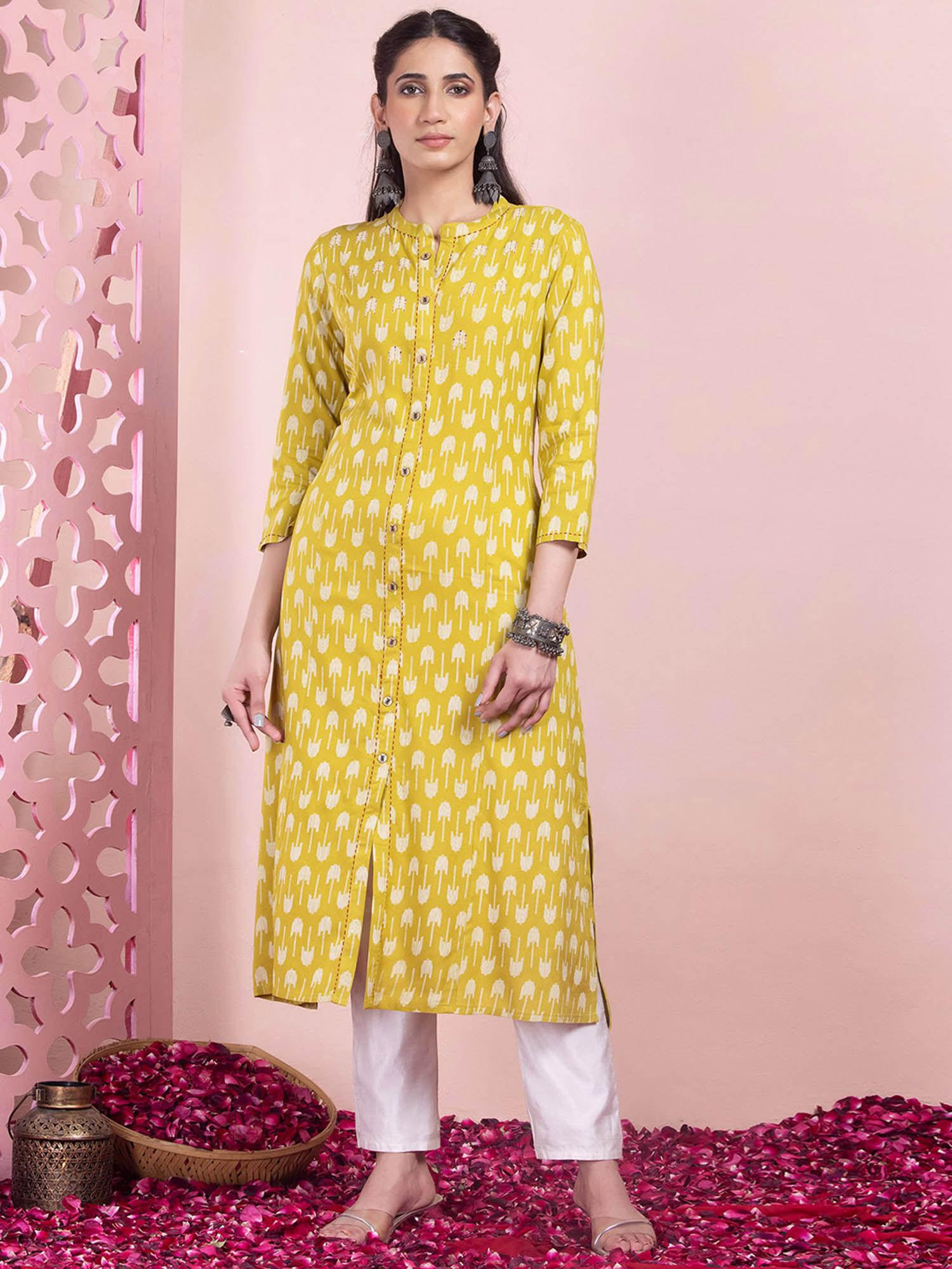 yellow ikat print front slit rayon kurta