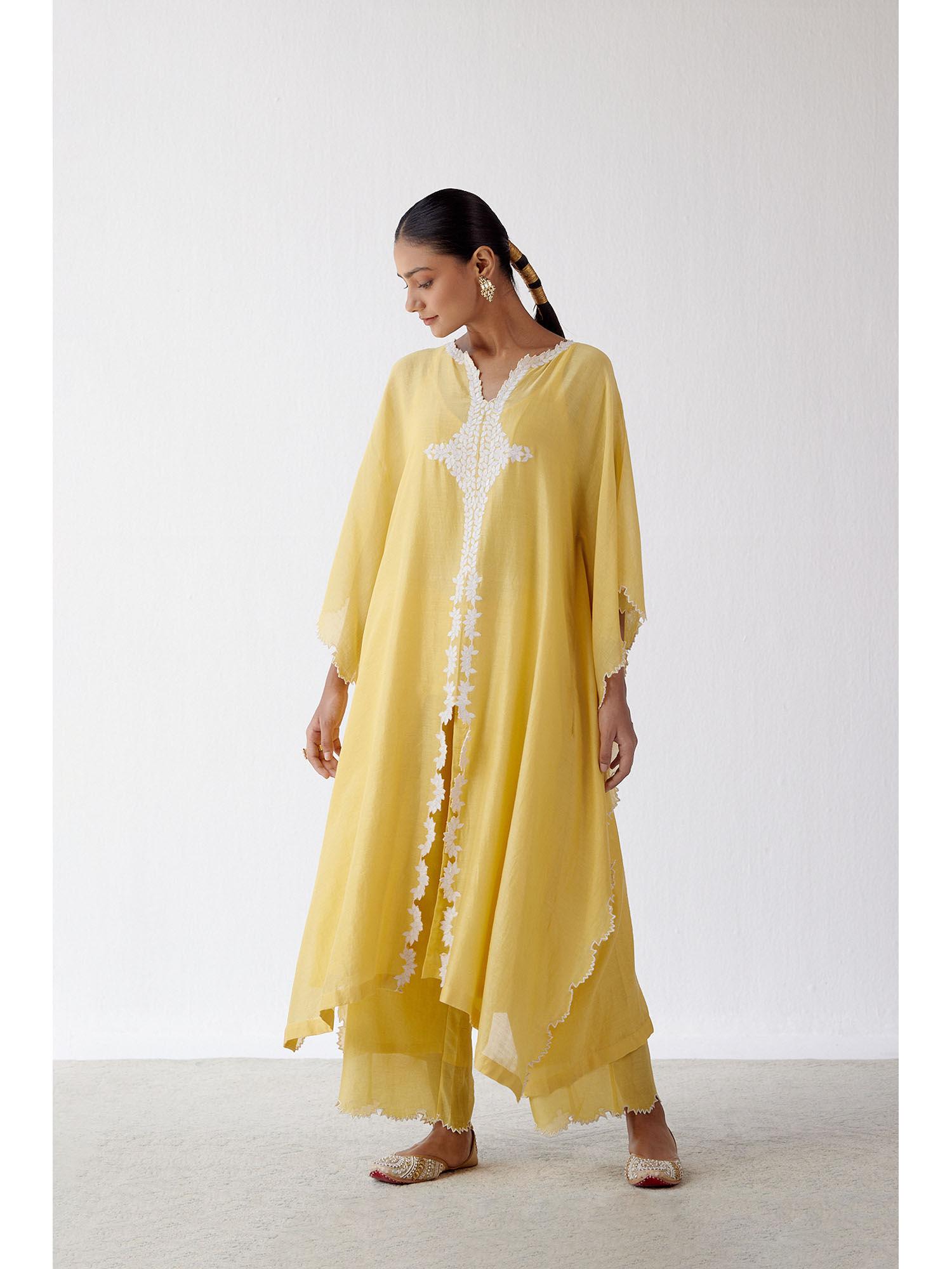 yellow ivory chanderi kaftan and palazzo (set of 2)