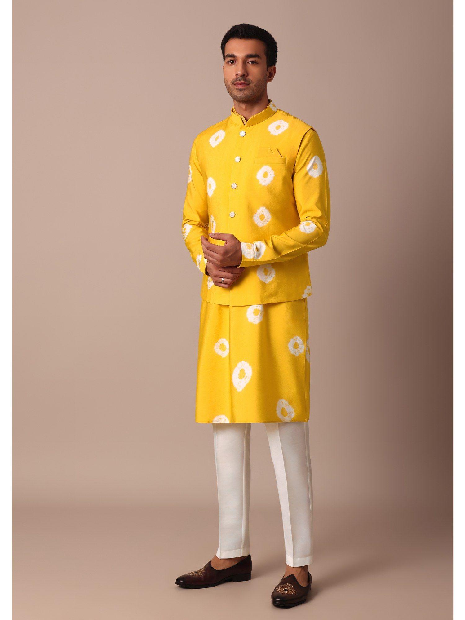 yellow jacket kurta in silk with printed motifs (set of 3)