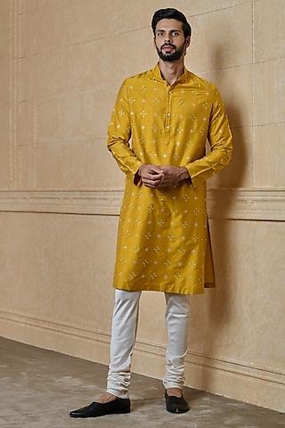 yellow jacquard floral embroidered kurta set